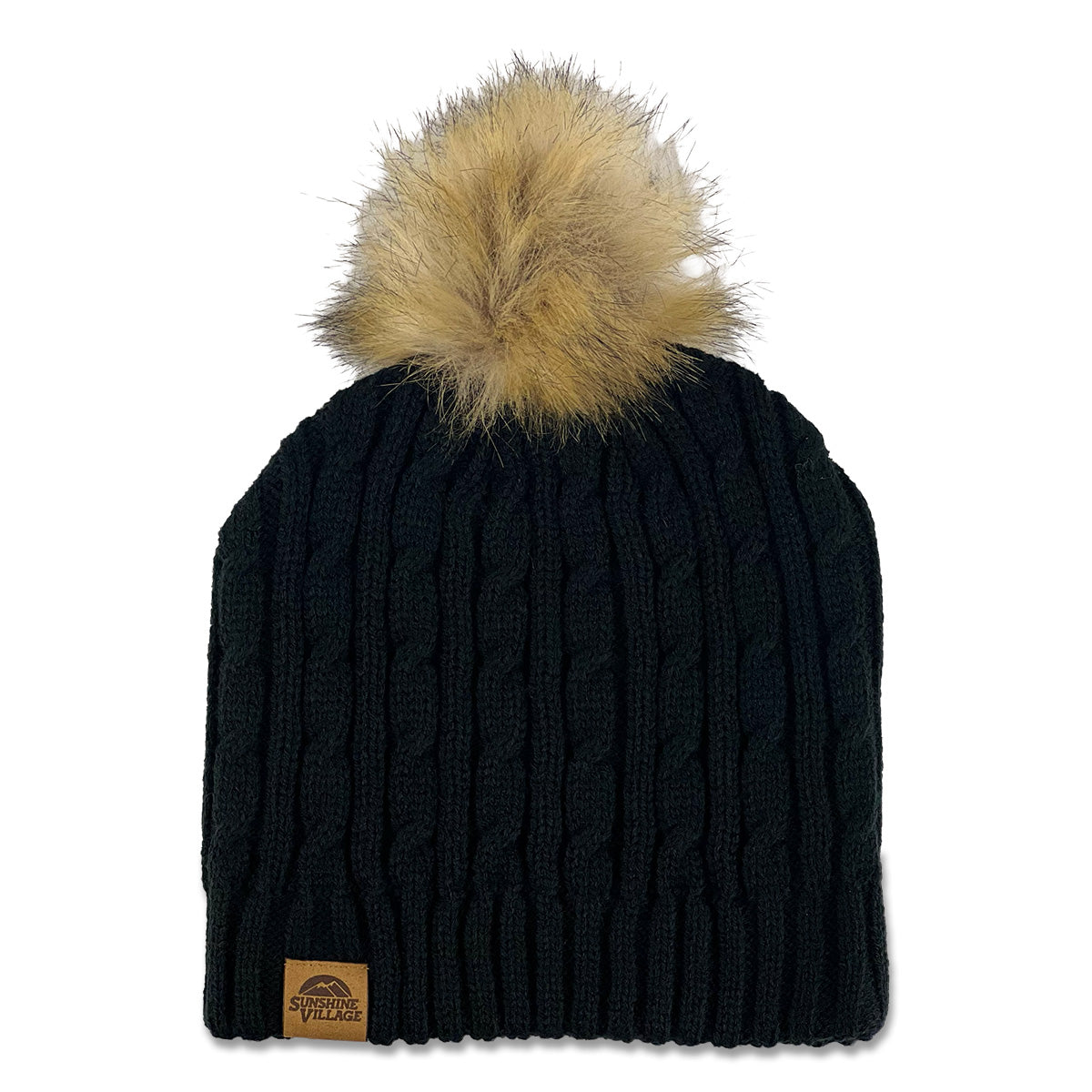 Sunshine Village Cable Knit Faux Fur Pom Pom Toque Black O S