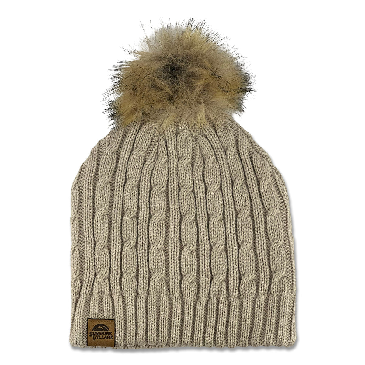 Sunshine Village Cable Knit Faux Fur Pom Pom Toque Grey O S