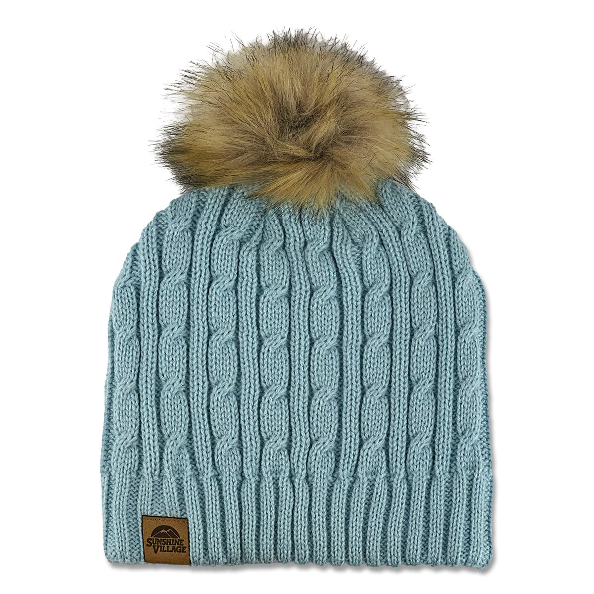 Sunshine Village Cable Knit Faux Fur Pom Pom Toque Light Blue O S